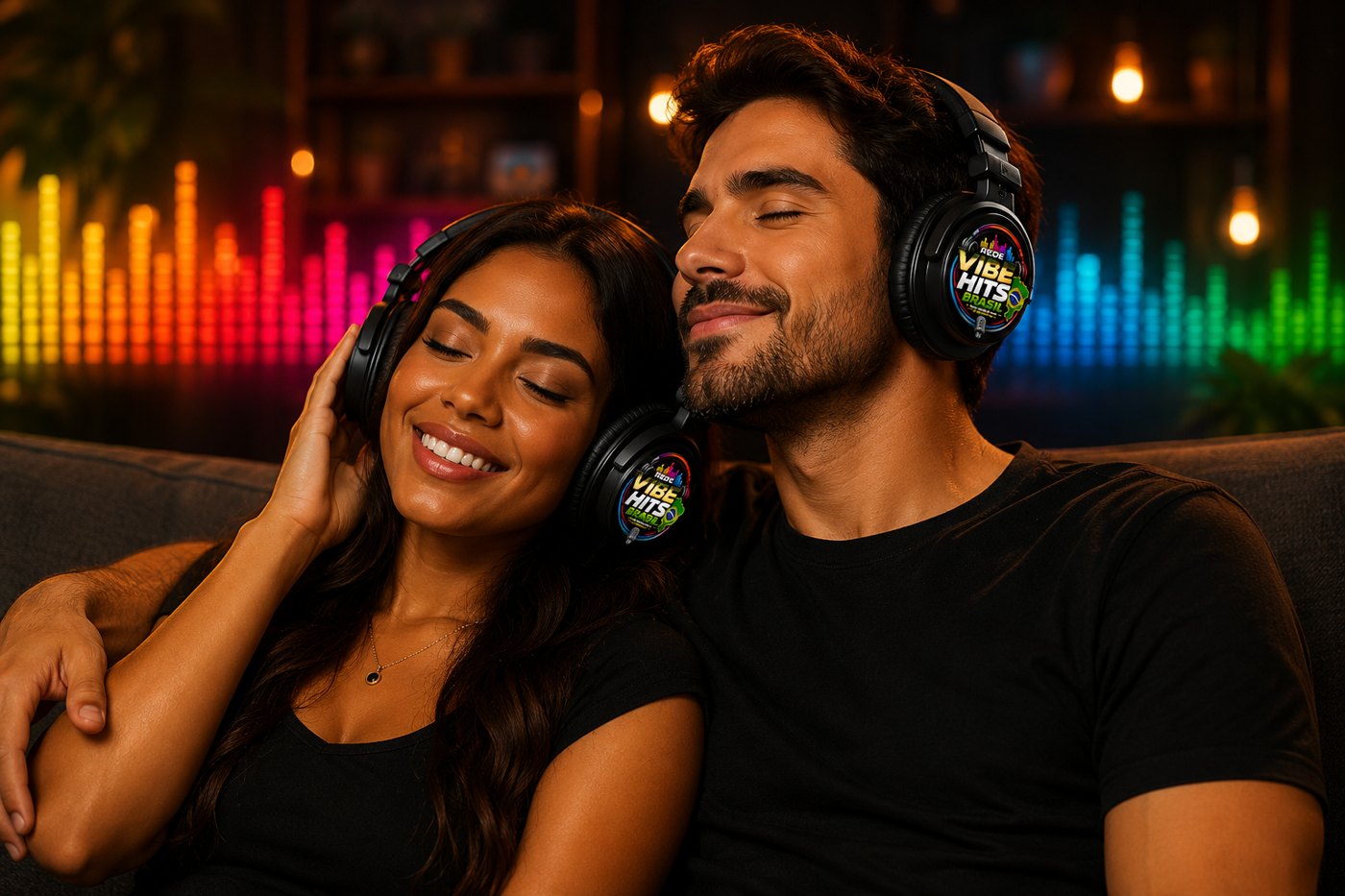 Casal ouvindo música com fones